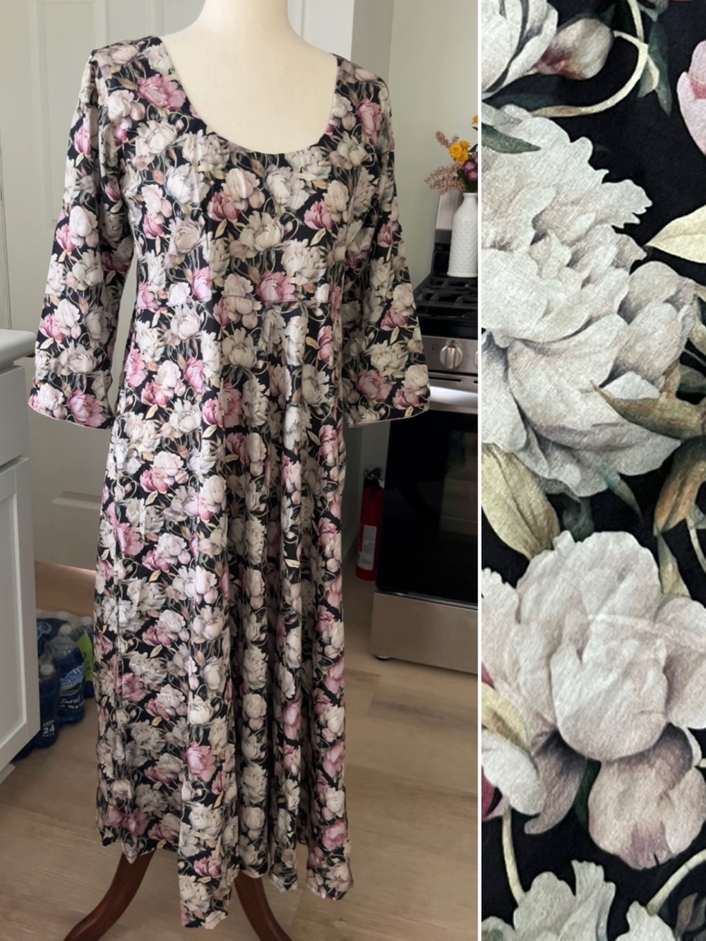 Beautiful Handmade Floral Feminine Scoop Neck Cottagecore Midi Flare Dress